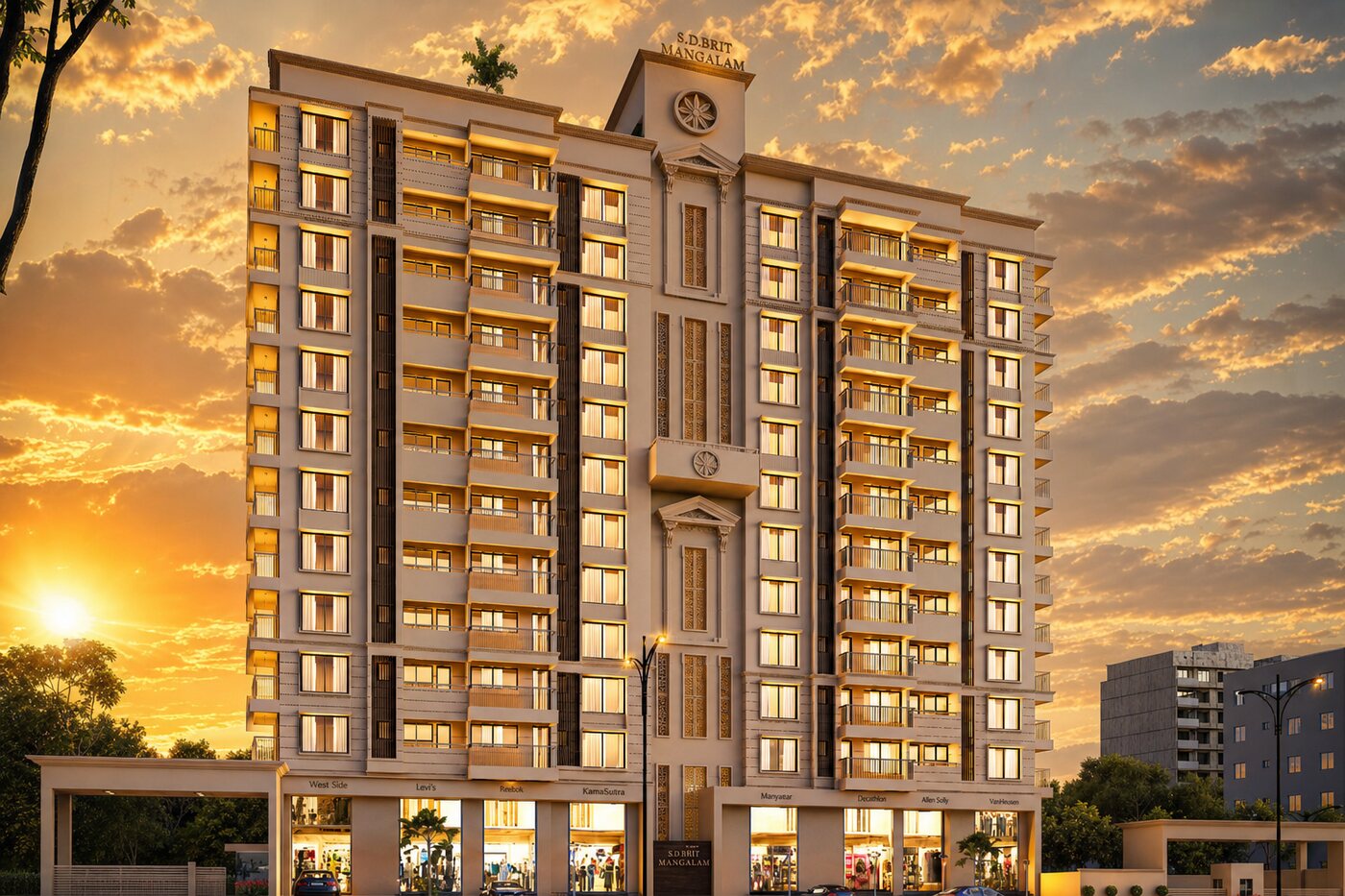 B-Orbit Mangalam facade lit at dusk, Gangapur Road, Nashik